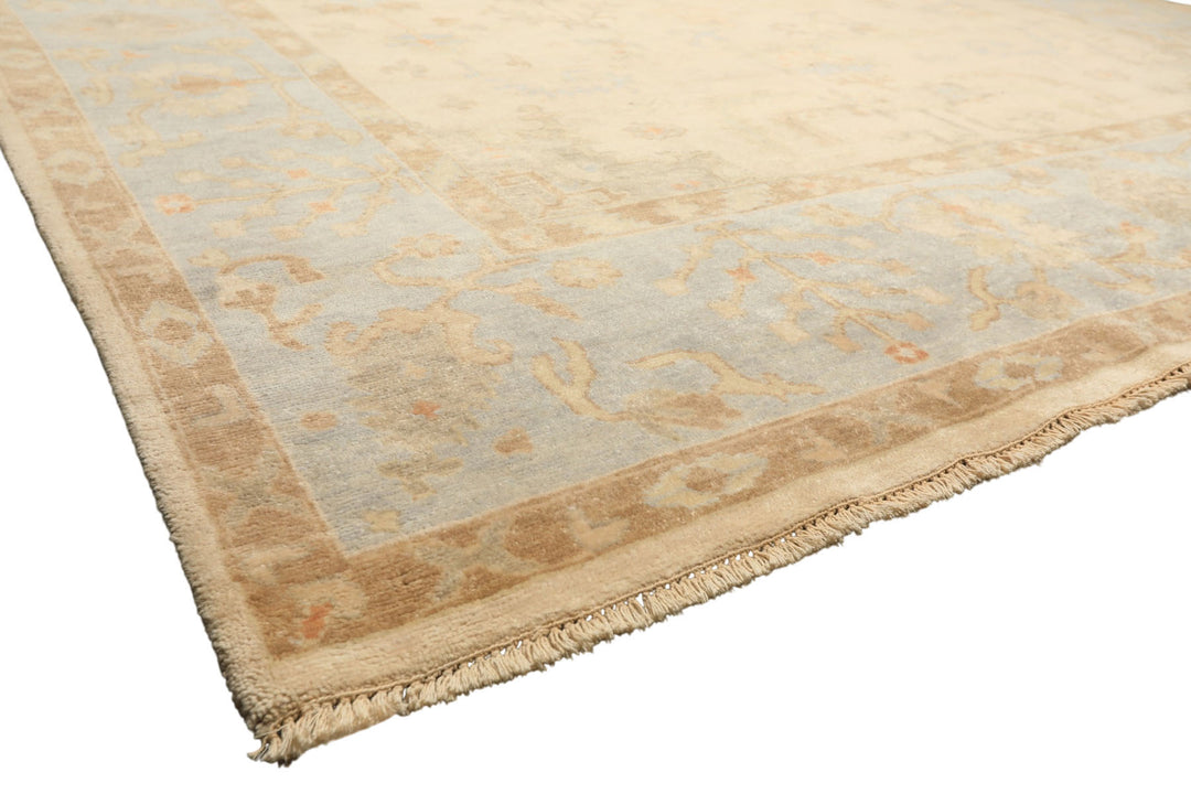 9x12 Ivory, Beige, Aqua Color Hand Knotted Oushak Wool Transitional Oriental Rug