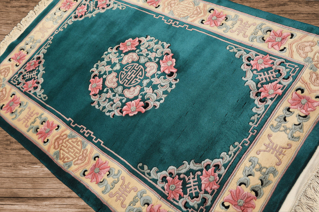 4x6 Emerald, Ivory, Pink Color Hand Knotted Chinese Art Deco Wool Traditional Oriental Rug
