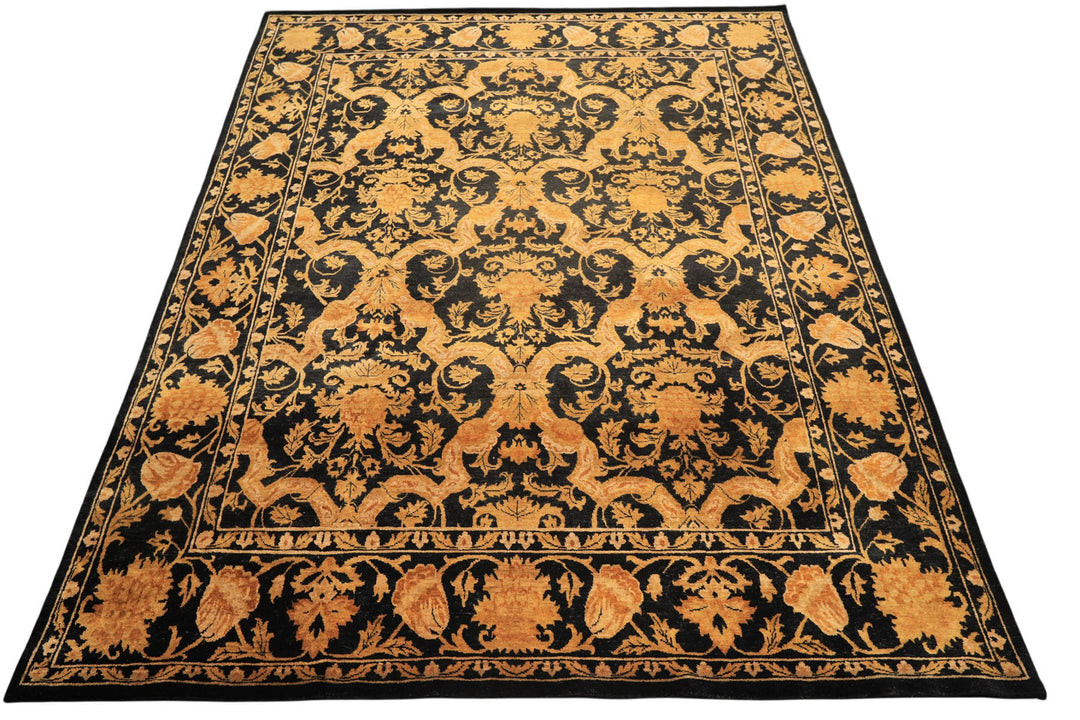 9x11 Black, Beige, Gold Color Hand Knotted Tibetan New Zealand Wool Transitional Oriental Rug