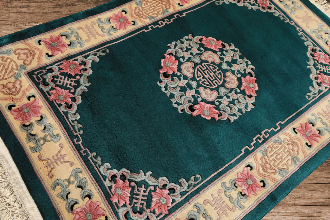 4x6 Emerald, Ivory, Pink Color Hand Knotted Chinese Art Deco Wool Traditional Oriental Rug