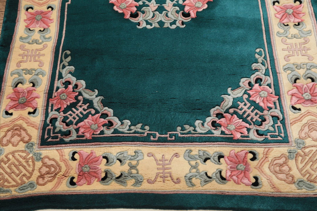 4x6 Emerald, Ivory, Pink Color Hand Knotted Chinese Art Deco Wool Traditional Oriental Rug