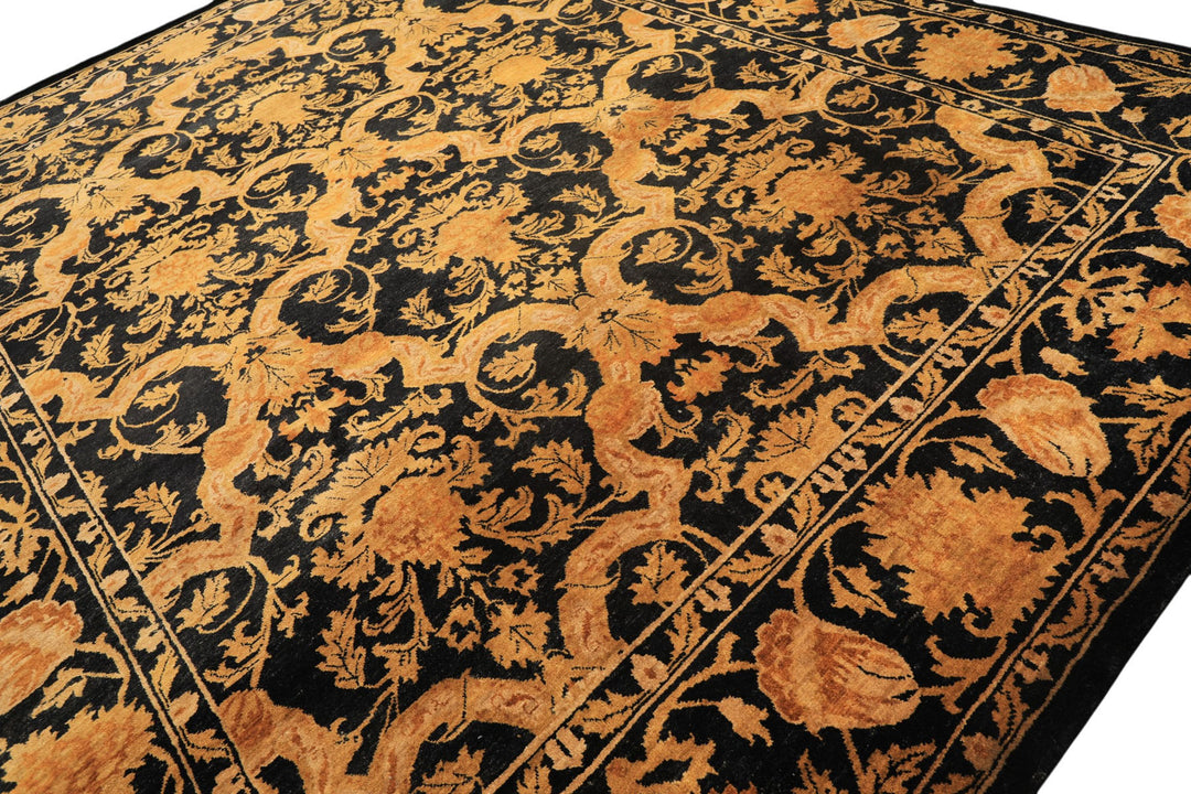 9x11 Black, Beige, Gold Color Hand Knotted Tibetan New Zealand Wool Transitional Oriental Rug