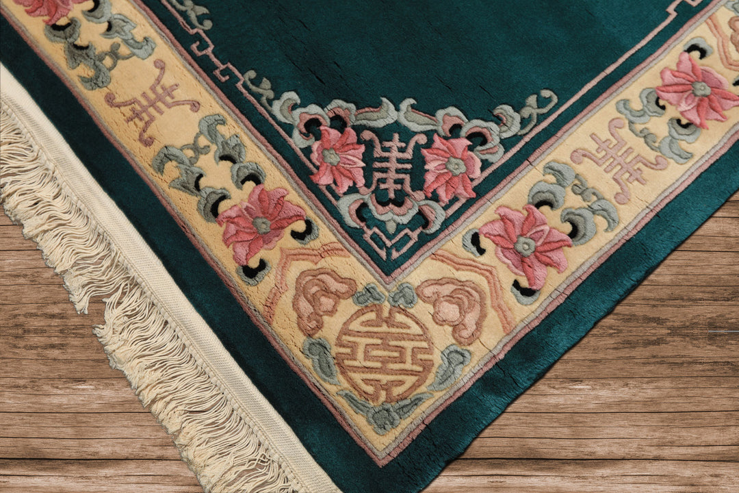 4x6 Emerald, Ivory, Pink Color Hand Knotted Chinese Art Deco Wool Traditional Oriental Rug