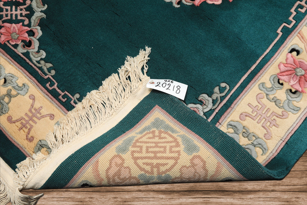 4x6 Emerald, Ivory, Pink Color Hand Knotted Chinese Art Deco Wool Traditional Oriental Rug