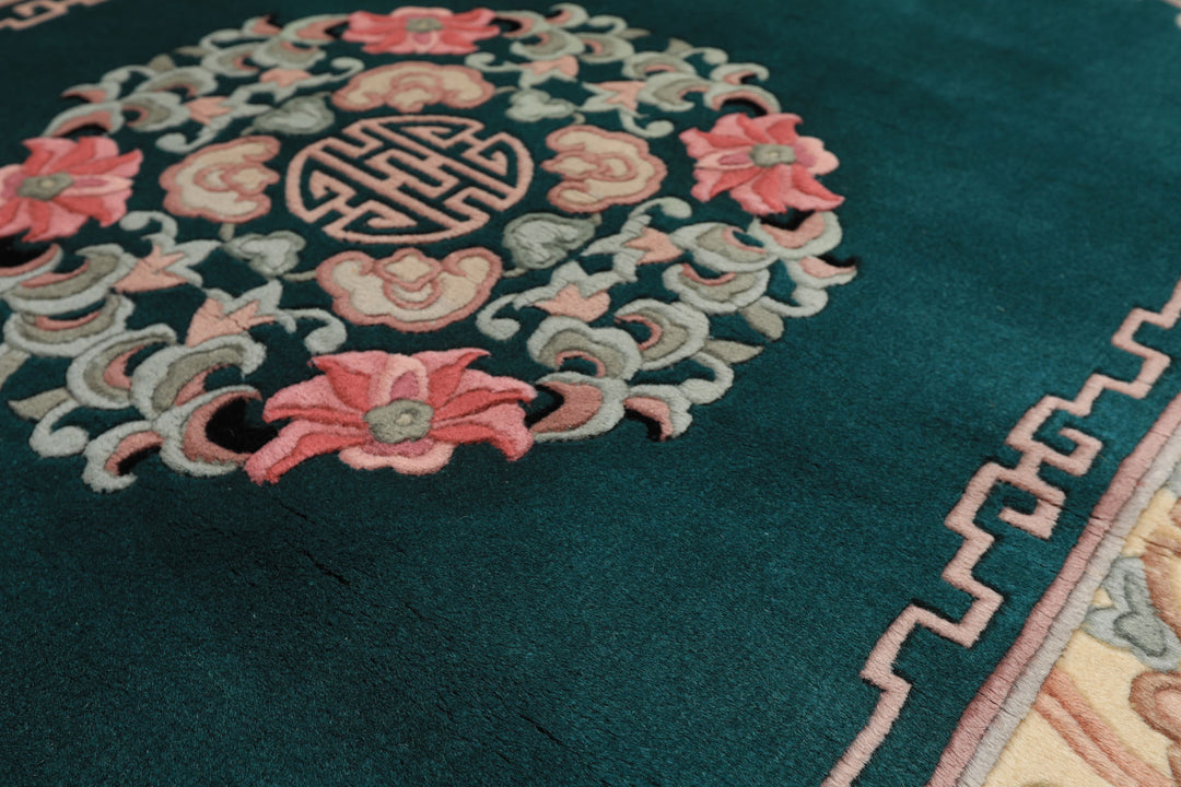 4x6 Emerald, Ivory, Pink Color Hand Knotted Chinese Art Deco Wool Traditional Oriental Rug