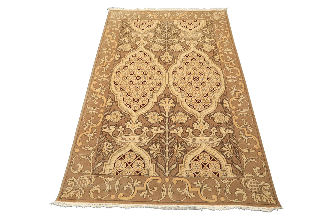 4x6 Moss, Beige, Light Gold Color Hand Knotted Art Deco Wool Arts &amp; Crafts Oriental Rug