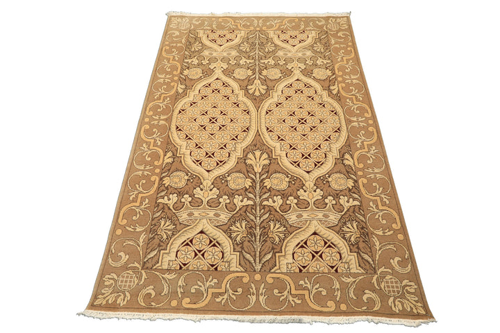 4x6 Moss, Beige, Light Gold Color Hand Knotted Art Deco Wool Arts &amp; Crafts Oriental Rug