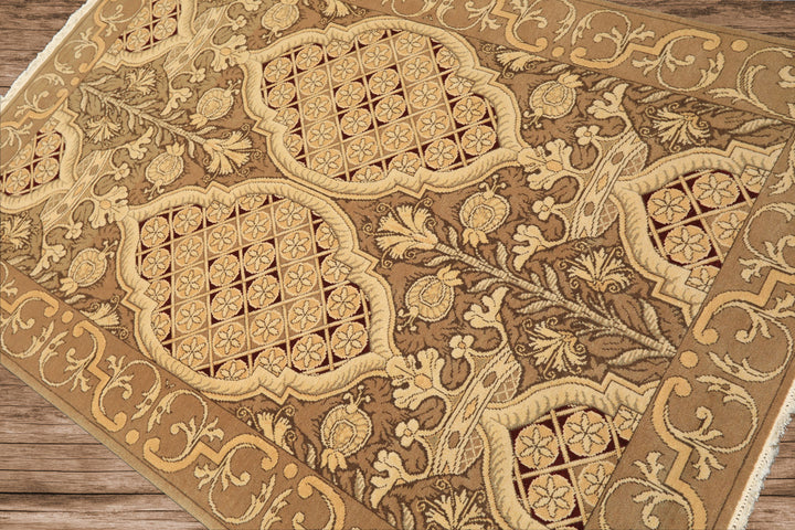 4x6 Moss, Beige, Light Gold Color Hand Knotted Art Deco Wool Arts &amp; Crafts Oriental Rug