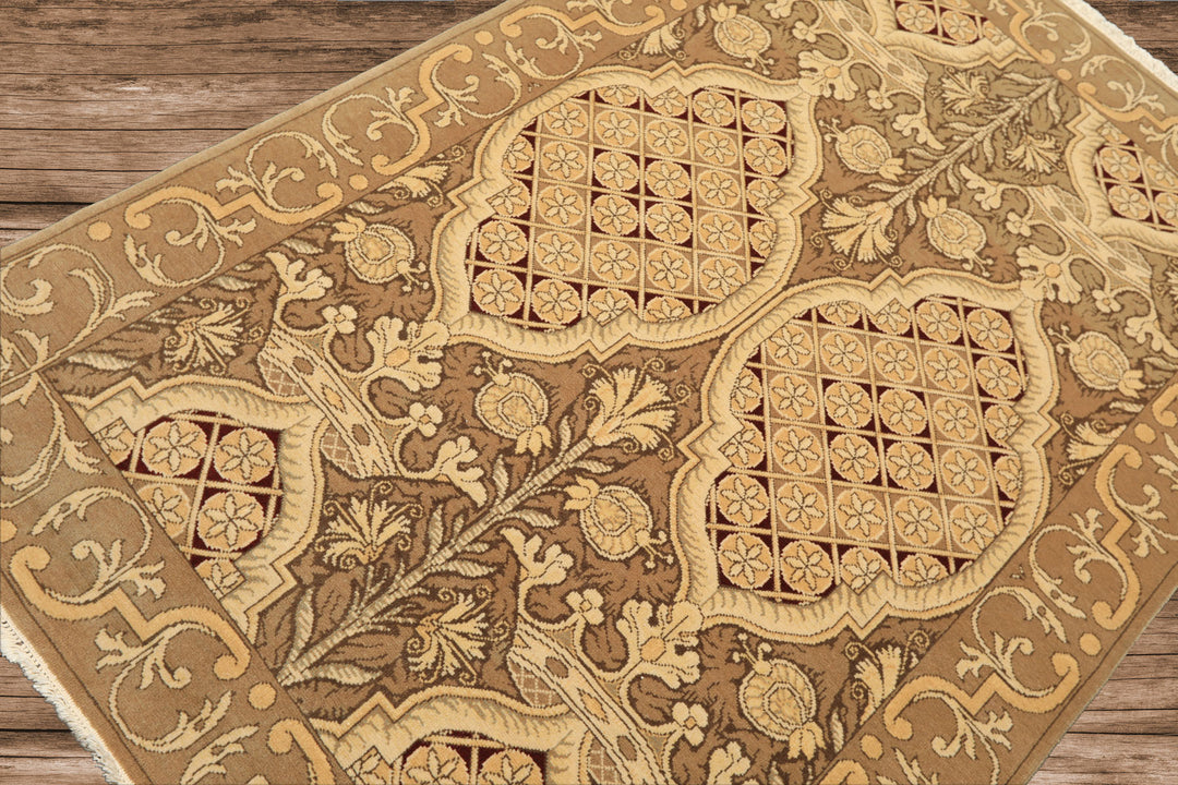 4x6 Moss, Beige, Light Gold Color Hand Knotted Art Deco Wool Arts &amp; Crafts Oriental Rug