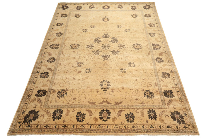 9x12 Beige, Brown, Chocolate Color Hand Knotted Oushak New Zealand Wool Transitional Oriental Rug