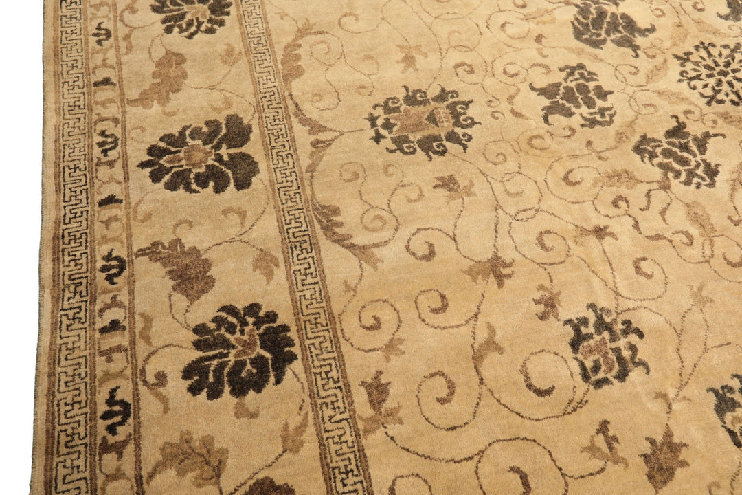 9x12 Beige, Brown, Chocolate Color Hand Knotted Oushak New Zealand Wool Transitional Oriental Rug