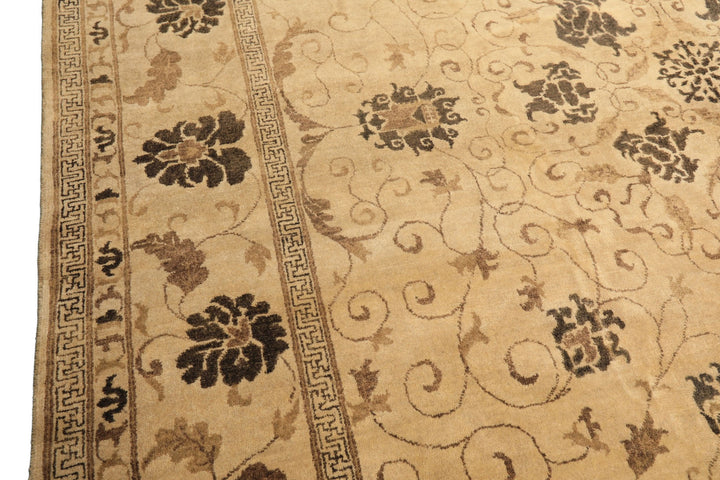 9x12 Beige, Brown, Chocolate Color Hand Knotted Oushak New Zealand Wool Transitional Oriental Rug
