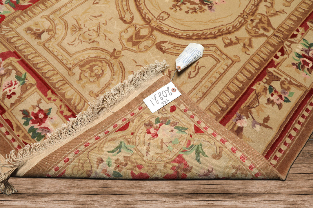 4x6 Beige, Brown, Rose Color Hand Knotted French Aubusson Savonnerie Wool Traditional Oriental Rug