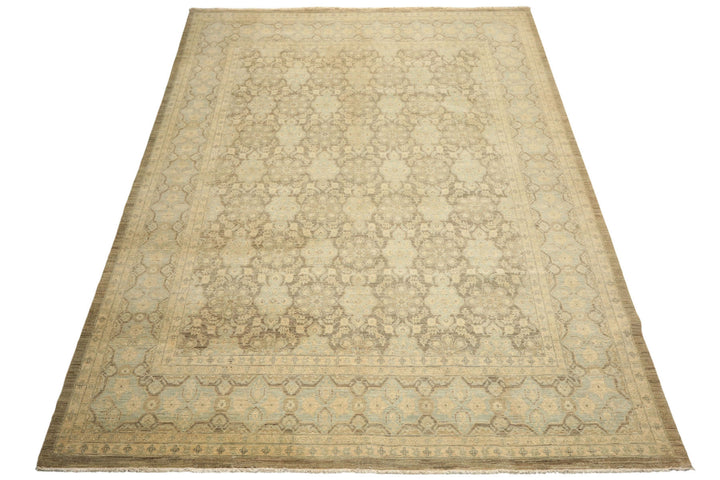 9x11 Brown, Aqua, Beige Color Hand Knotted Chobi Peshawar Wool Transitional Oriental Rug