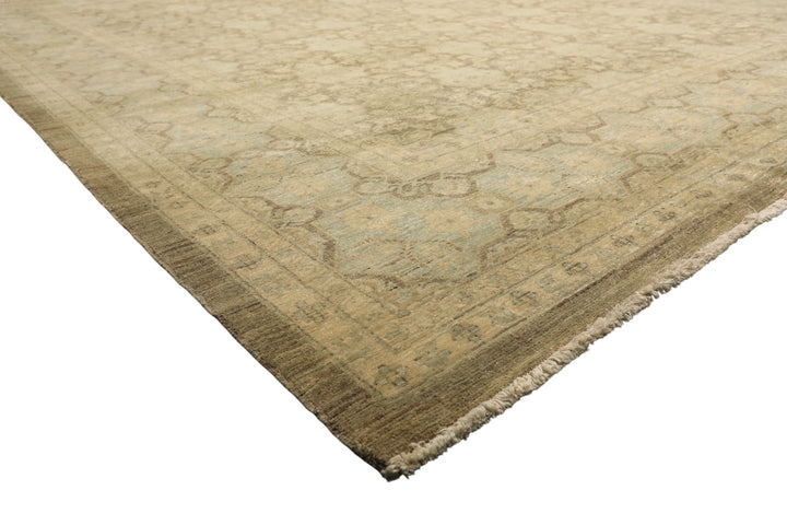 9x11 Brown, Aqua, Beige Color Hand Knotted Chobi Peshawar Wool Transitional Oriental Rug