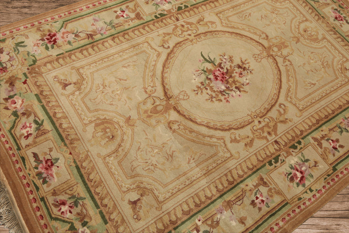 4x6 Beige, Tan, Brown Color Hand Knotted French Aubusson Savonnerie Wool Traditional Oriental Rug
