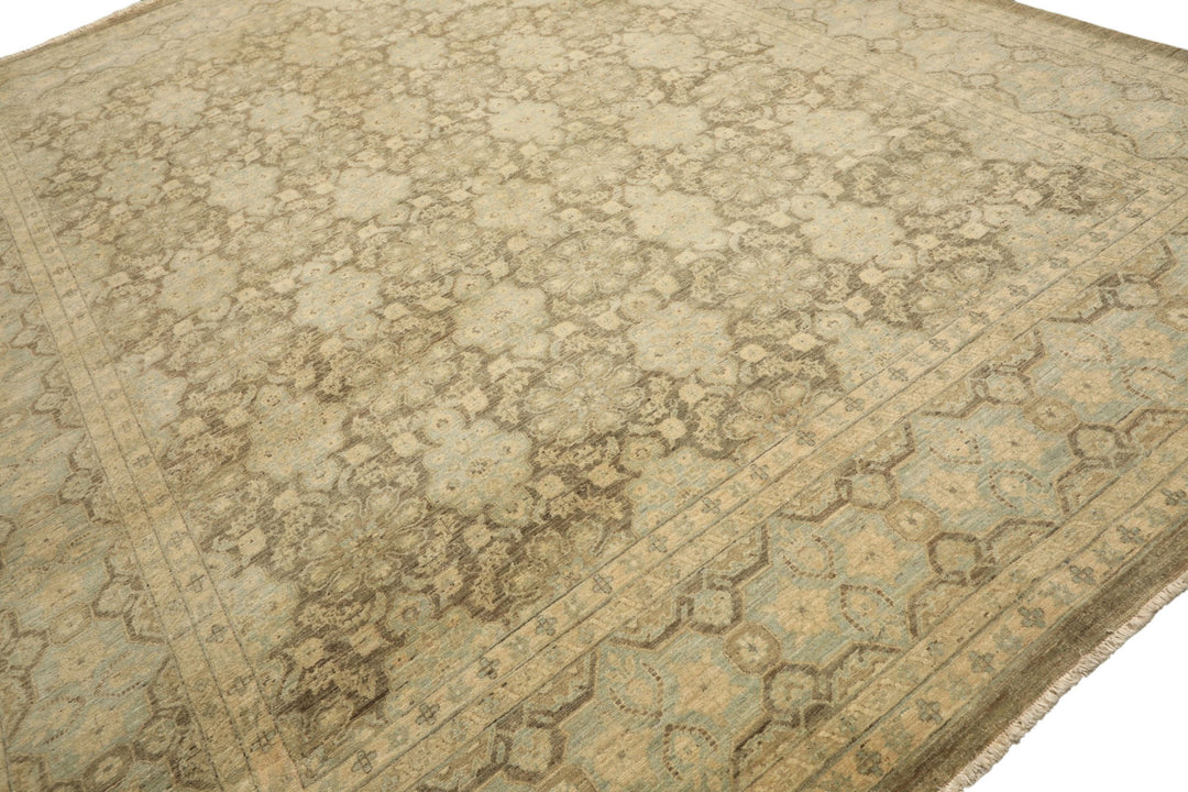 9x11 Brown, Aqua, Beige Color Hand Knotted Chobi Peshawar Wool Transitional Oriental Rug