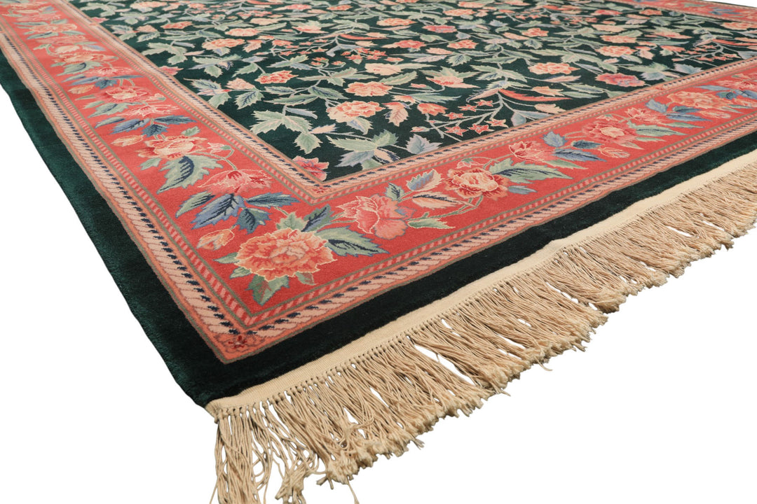 9x12 Emerald, Pink, Rose Color Hand Knotted Pak Persian Wool Traditional Oriental Rug