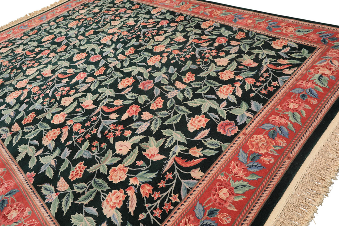 9x12 Emerald, Pink, Rose Color Hand Knotted Pak Persian Wool Traditional Oriental Rug