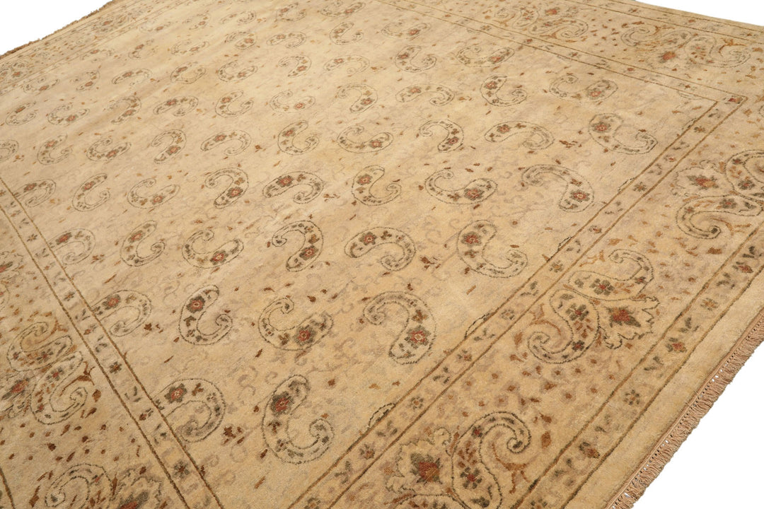 9x12 Beige, Caramel, Green Color Hand Knotted Agra Wool Traditional Oriental Rug