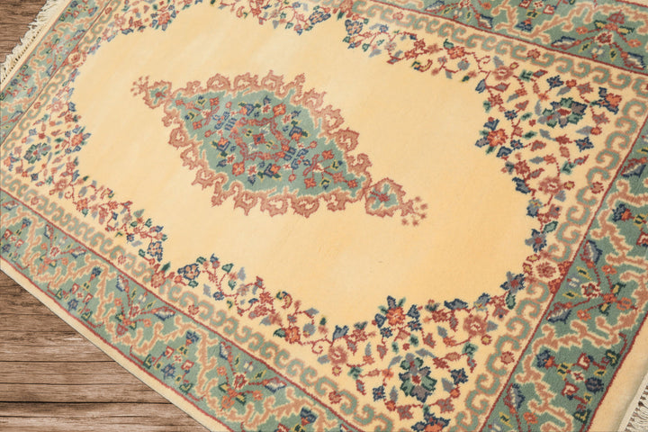 4x6 Ivory, Turquoise, Blush Color Hand Knotted Indo Kerman New Zealand Wool Traditional Oriental Rug