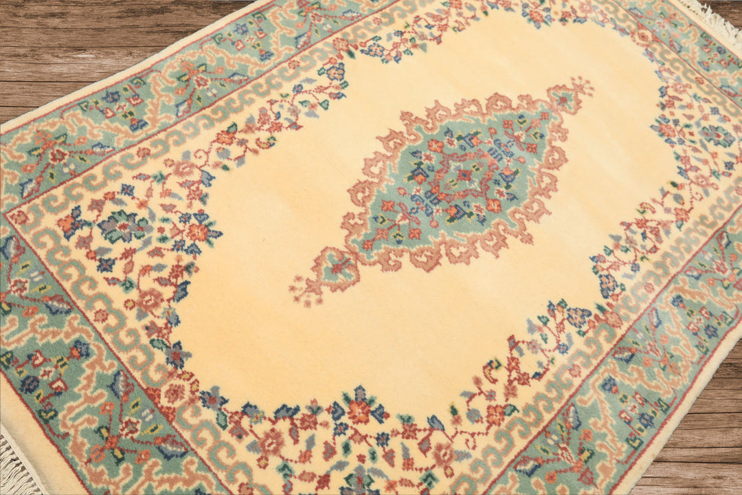 4x6 Ivory, Turquoise, Blush Color Hand Knotted Indo Kerman New Zealand Wool Traditional Oriental Rug