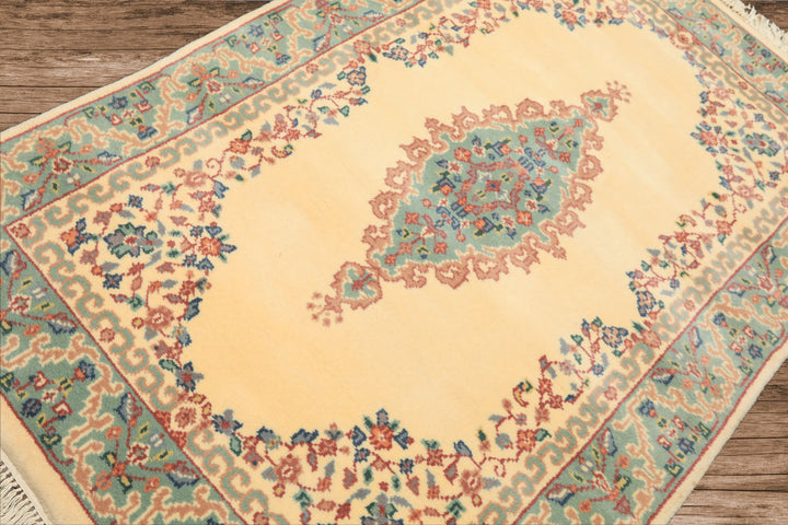 4x6 Ivory, Turquoise, Blush Color Hand Knotted Indo Kerman New Zealand Wool Traditional Oriental Rug