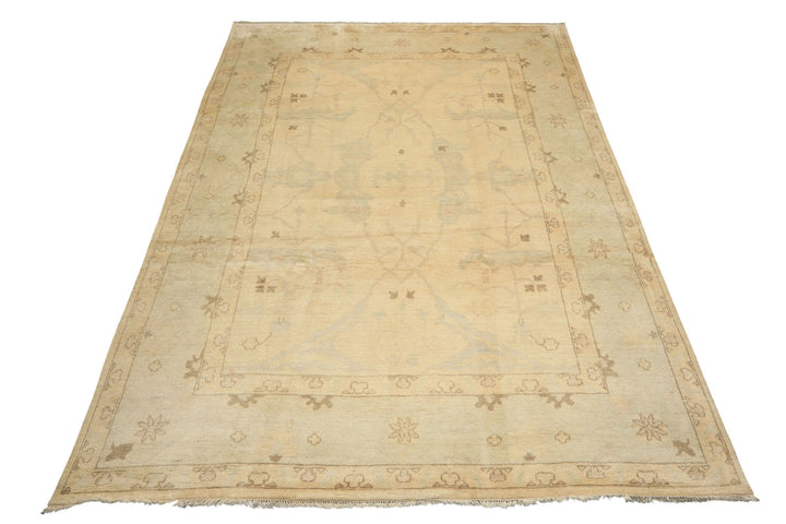 9x12 Beige, Celadon, Olive Color Hand Knotted Oushak Wool Transitional Oriental Rug