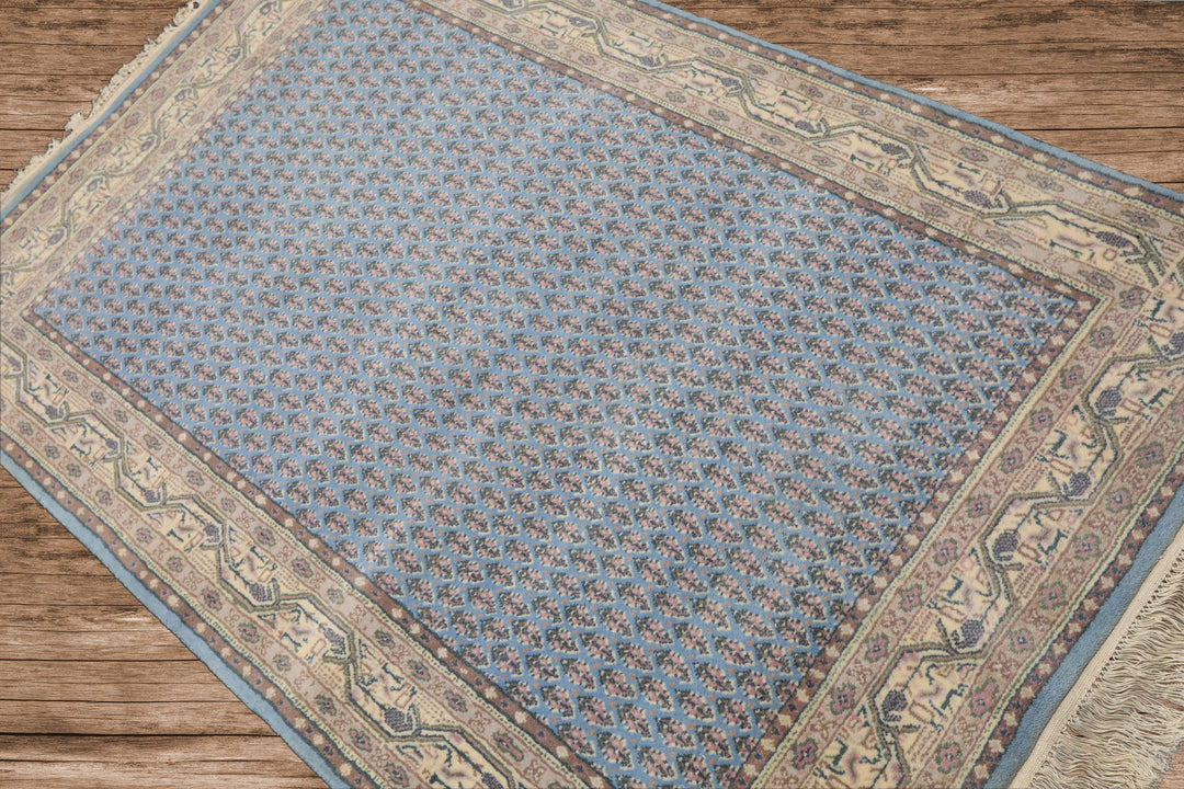 4x6 Blue, Ivory, Taupe Color Hand Knotted Boteh Wool Traditional Oriental Rug