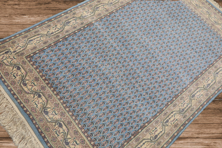4x6 Blue, Ivory, Taupe Color Hand Knotted Boteh Wool Traditional Oriental Rug