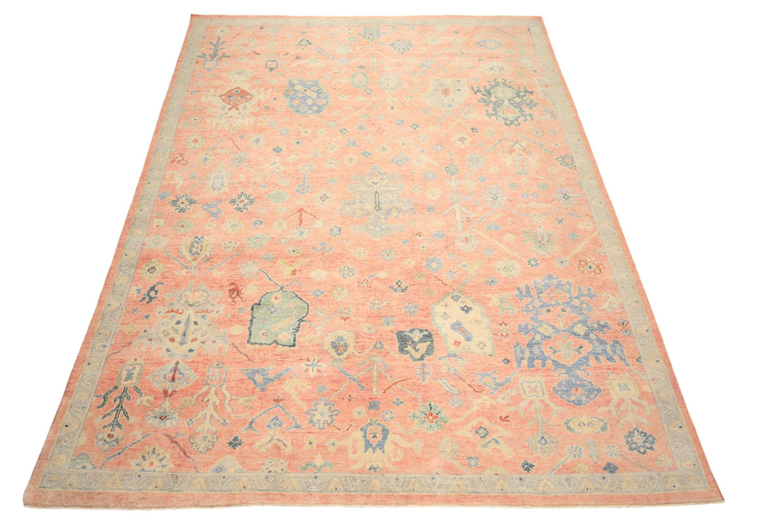 9x12 Blush, Blue, Mint Color Hand Knotted Oushak Wool Transitional Oriental Rug