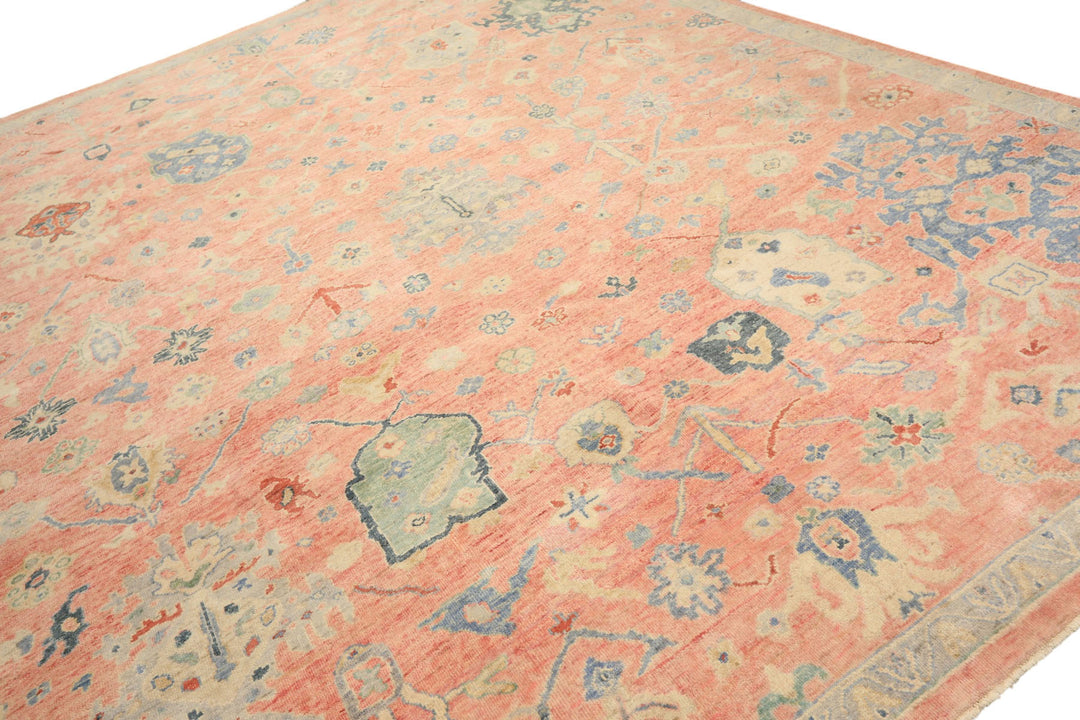 9x12 Blush, Blue, Mint Color Hand Knotted Oushak Wool Transitional Oriental Rug