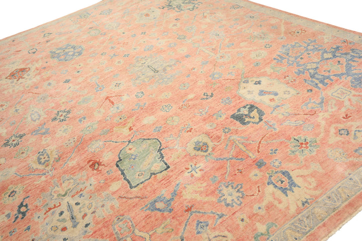 9x12 Blush, Blue, Mint Color Hand Knotted Oushak Wool Transitional Oriental Rug