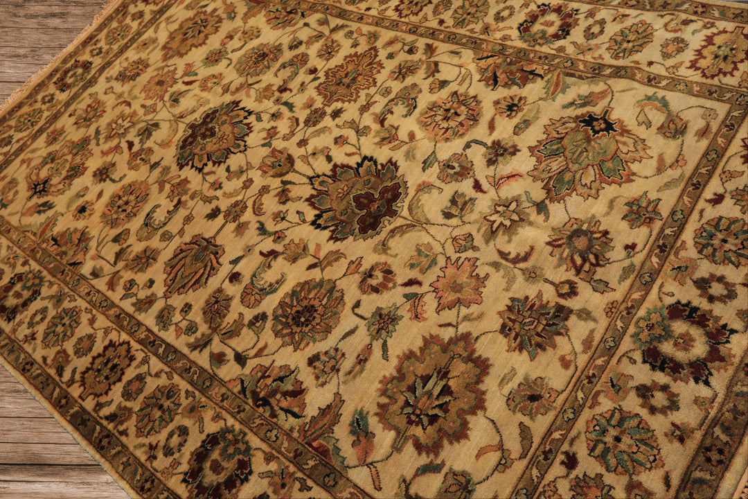 6x9 Tan, Sage, Brown Color Hand Knotted Agra Wool Traditional Oriental Rug