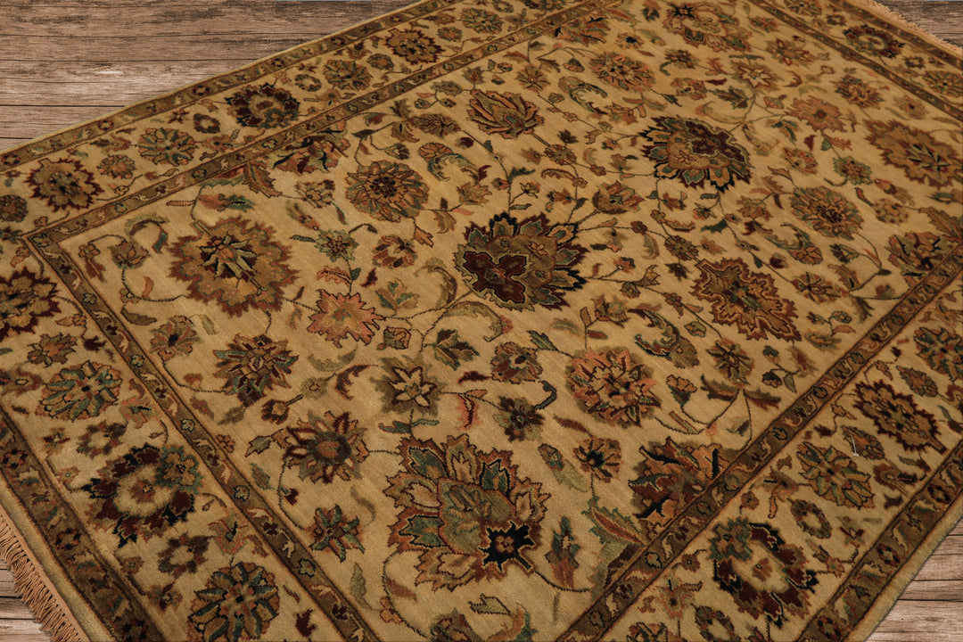 6x9 Tan, Sage, Brown Color Hand Knotted Agra Wool Traditional Oriental Rug