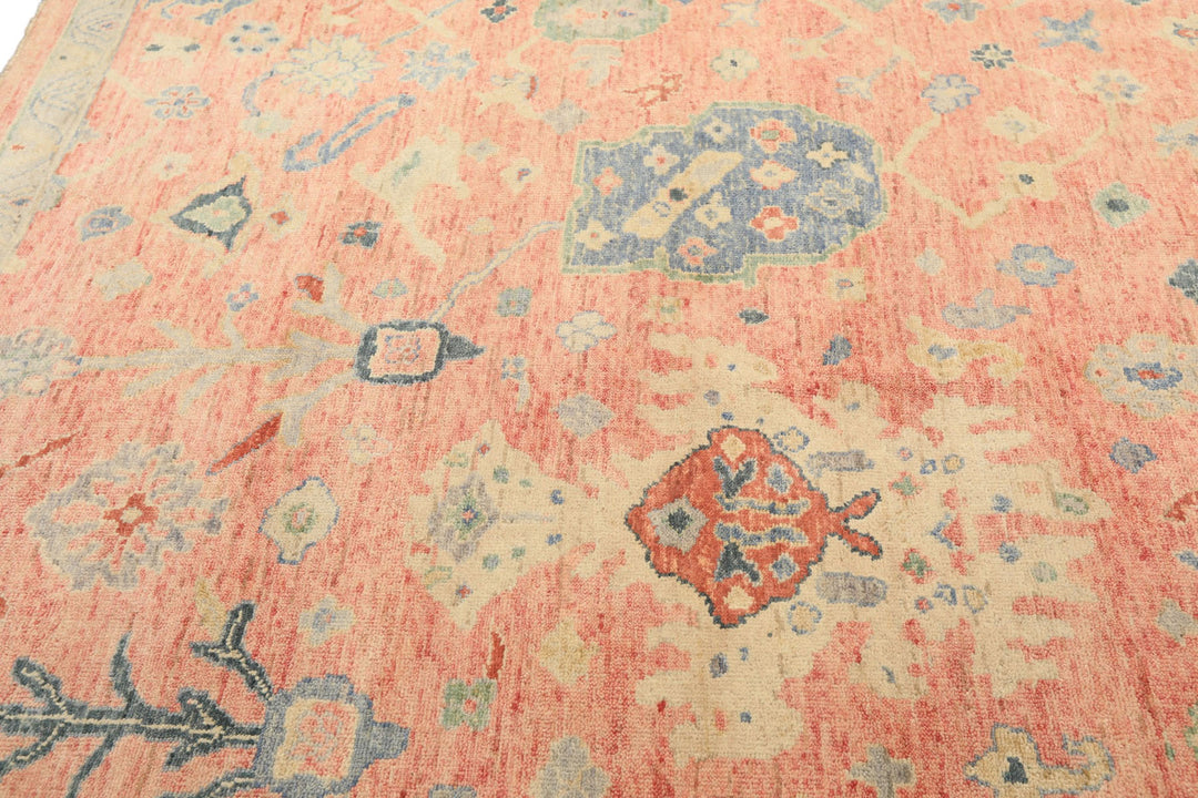 9x12 Blush, Blue, Mint Color Hand Knotted Oushak Wool Transitional Oriental Rug