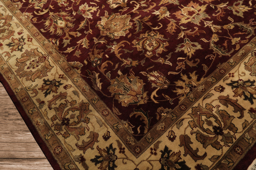 9x12 Maroon, Ivory, Brown Color Hand Knotted Agra Wool Traditional Oriental Rug