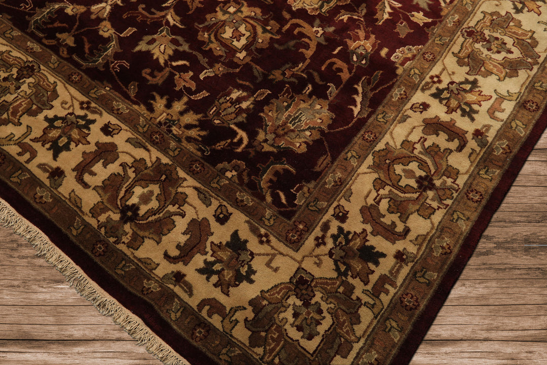 9x12 Maroon, Ivory, Brown Color Hand Knotted Agra Wool Traditional Oriental Rug