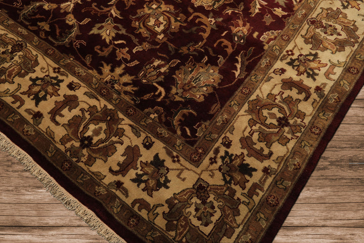 9x12 Maroon, Ivory, Brown Color Hand Knotted Agra Wool Traditional Oriental Rug