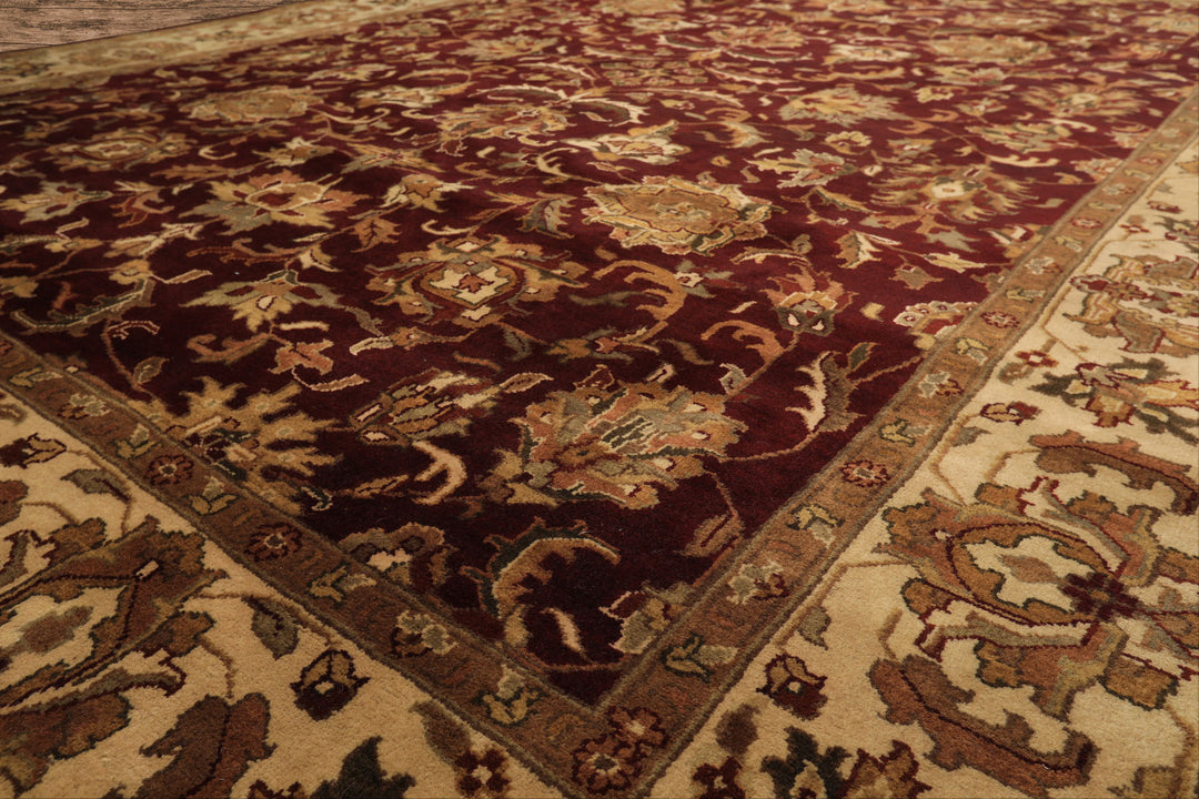 9x12 Maroon, Ivory, Brown Color Hand Knotted Agra Wool Traditional Oriental Rug