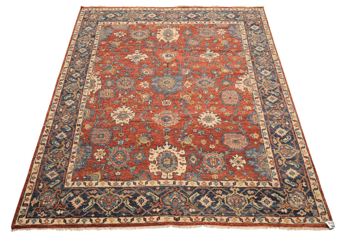 8x10 Rust, Navy, Ivory Color Hand Knotted Oushak Wool Traditional Oriental Rug