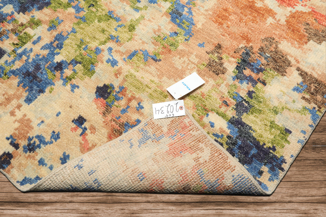 6x9 Beige, Ivory, Rust Color Hand Knotted Indo Tibetan Wool Modern & Contemporary Oriental Rug