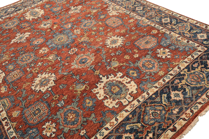 8x10 Rust, Navy, Ivory Color Hand Knotted Oushak Wool Traditional Oriental Rug