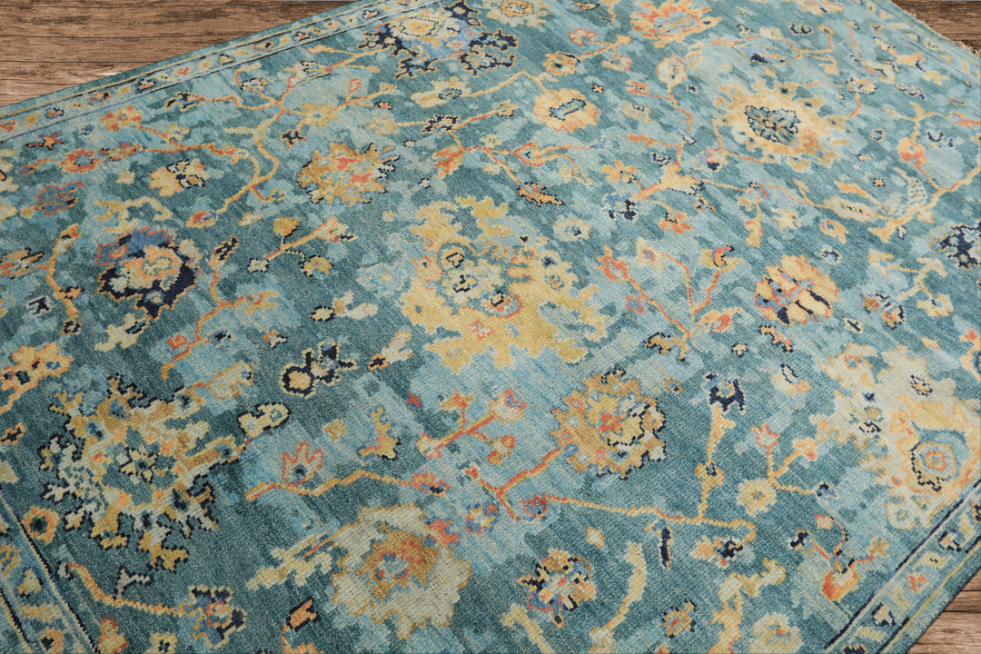 6x9 Teal, Gold, Burnt Orange Color Hand Knotted Oushak Wool Traditional Oriental Rug