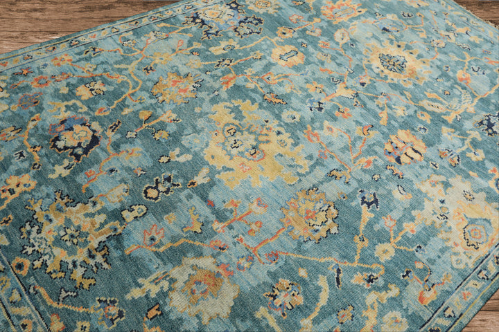 6x9 Teal, Gold, Burnt Orange Color Hand Knotted Oushak Wool Traditional Oriental Rug