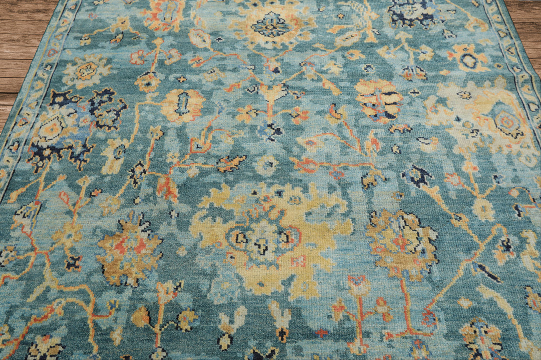 6x9 Teal, Gold, Burnt Orange Color Hand Knotted Oushak Wool Traditional Oriental Rug