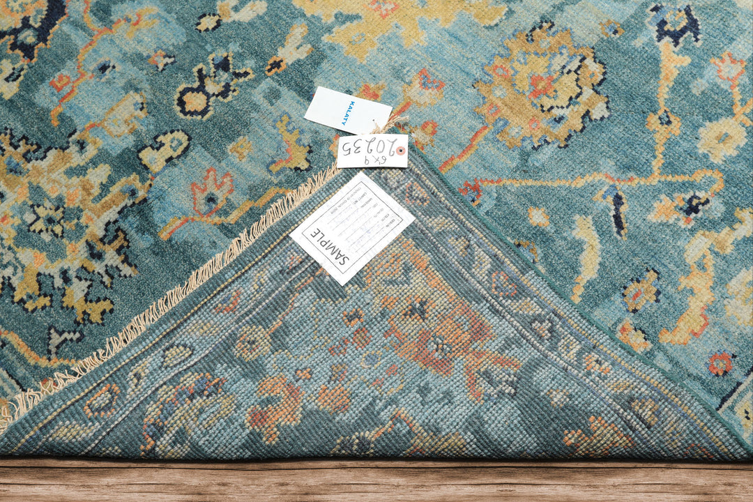 6x9 Teal, Gold, Burnt Orange Color Hand Knotted Oushak Wool Traditional Oriental Rug