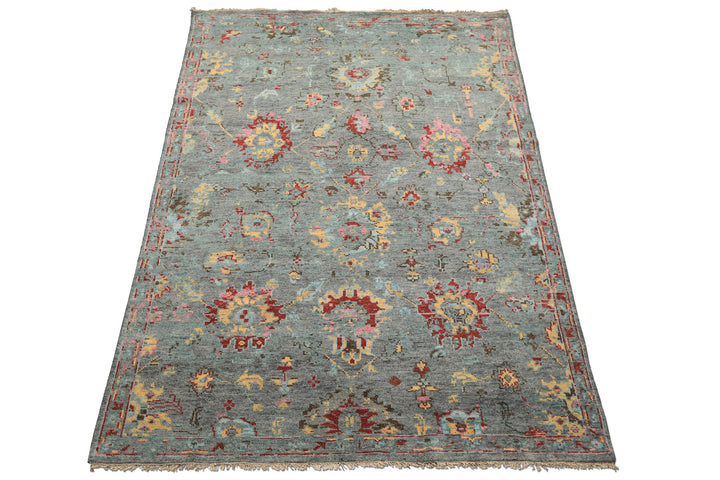 6x9 Gray, Aqua, Pink Color Hand Knotted Oushak Wool Traditional Oriental Rug