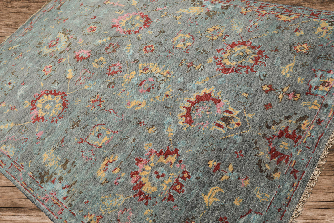 6x9 Gray, Aqua, Pink Color Hand Knotted Oushak Wool Traditional Oriental Rug