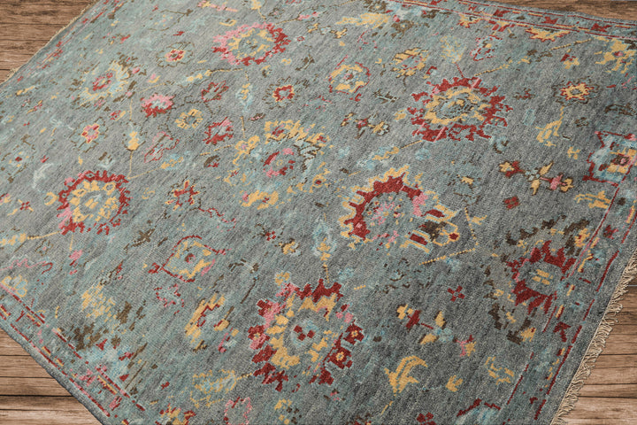 6x9 Gray, Aqua, Pink Color Hand Knotted Oushak Wool Traditional Oriental Rug